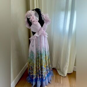 New Zimmermann Floral Ruffle Linen & Silk Gown Dress Sz 3, US 10